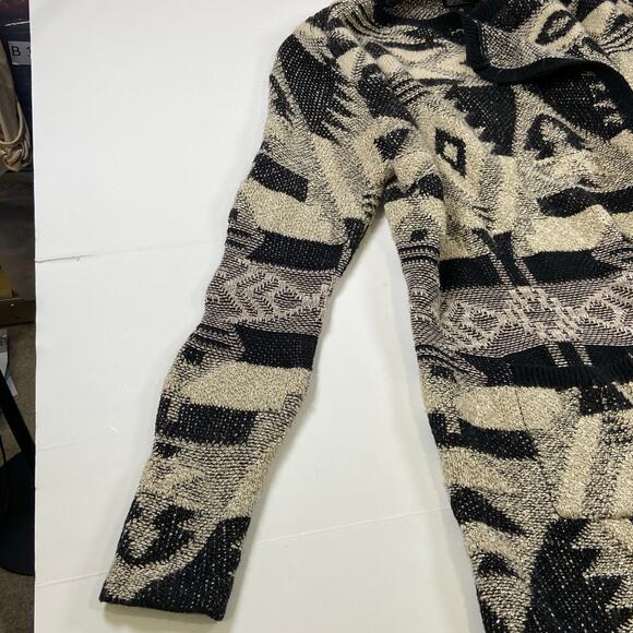 Lucky Brand Long Cardigan Sweater Black Gray Geometric Tribal Aztec Overcoat XL - Picture 7 of 12